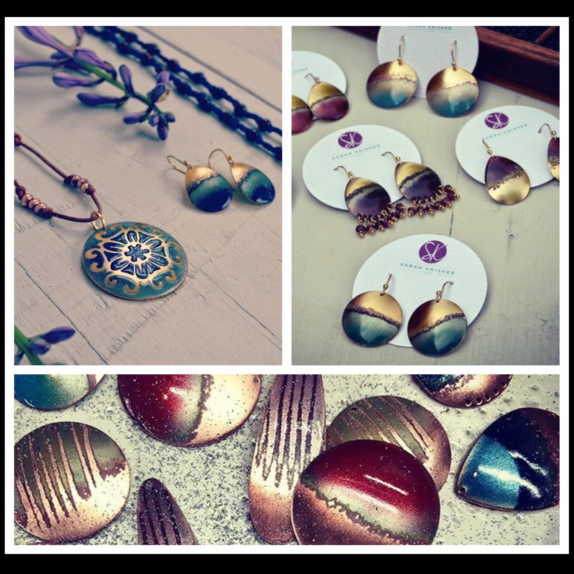 Three photos of handmade jewelry