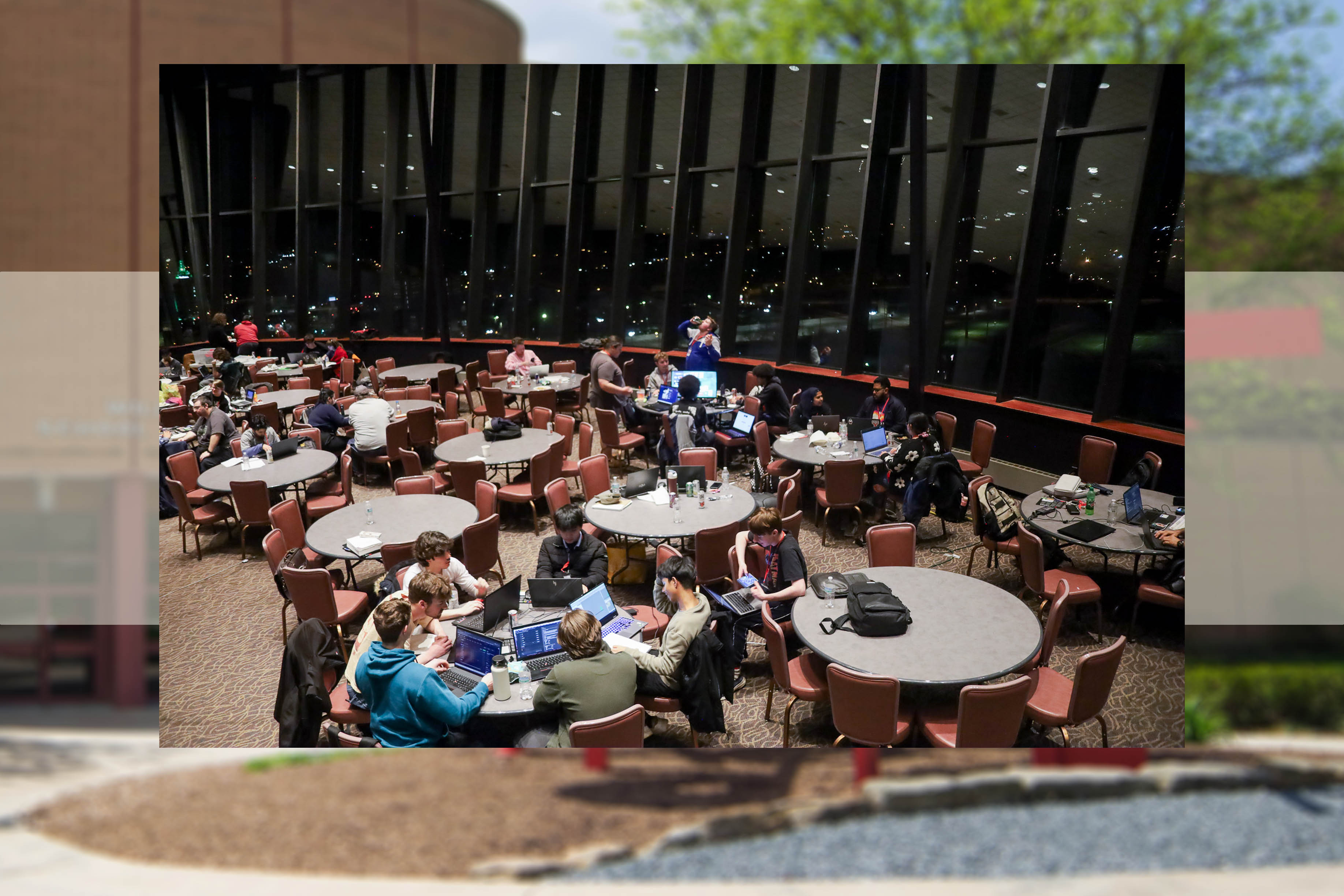 An aerial view of the students at Youngstown State University’s annual student-run hackathon, HackYSU