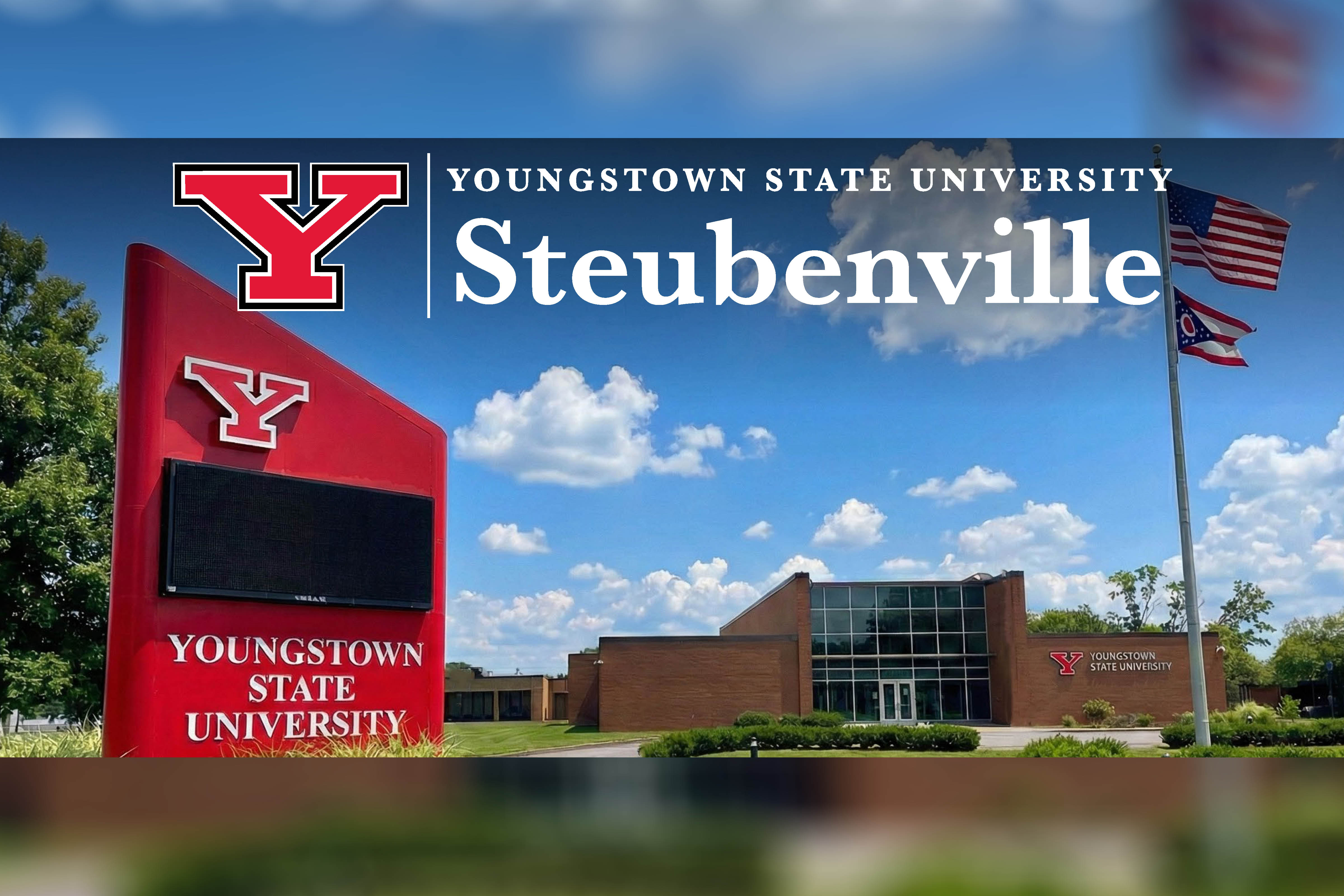 Youngstown State University Steubenville logo over a photo of the building with the Youngstown State University digital signage in the forefront