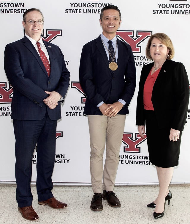 Provost Brien Smith, Betty Jo Licata with Ou Hu