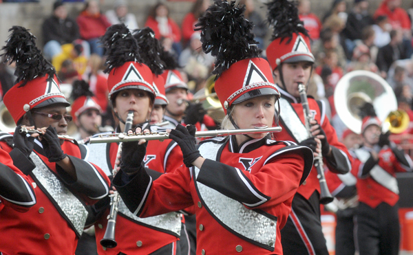 The YSU Marching Band Flute section marching 