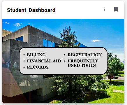 a screenshot of the student dashboard card in the penguin portal, displaying a background image with meshel hall and a foreground box denoting what is on the student dashboard