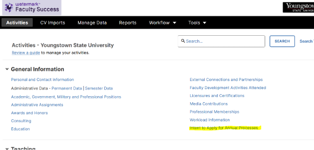 Highlight of the link intent to apply for annual processes