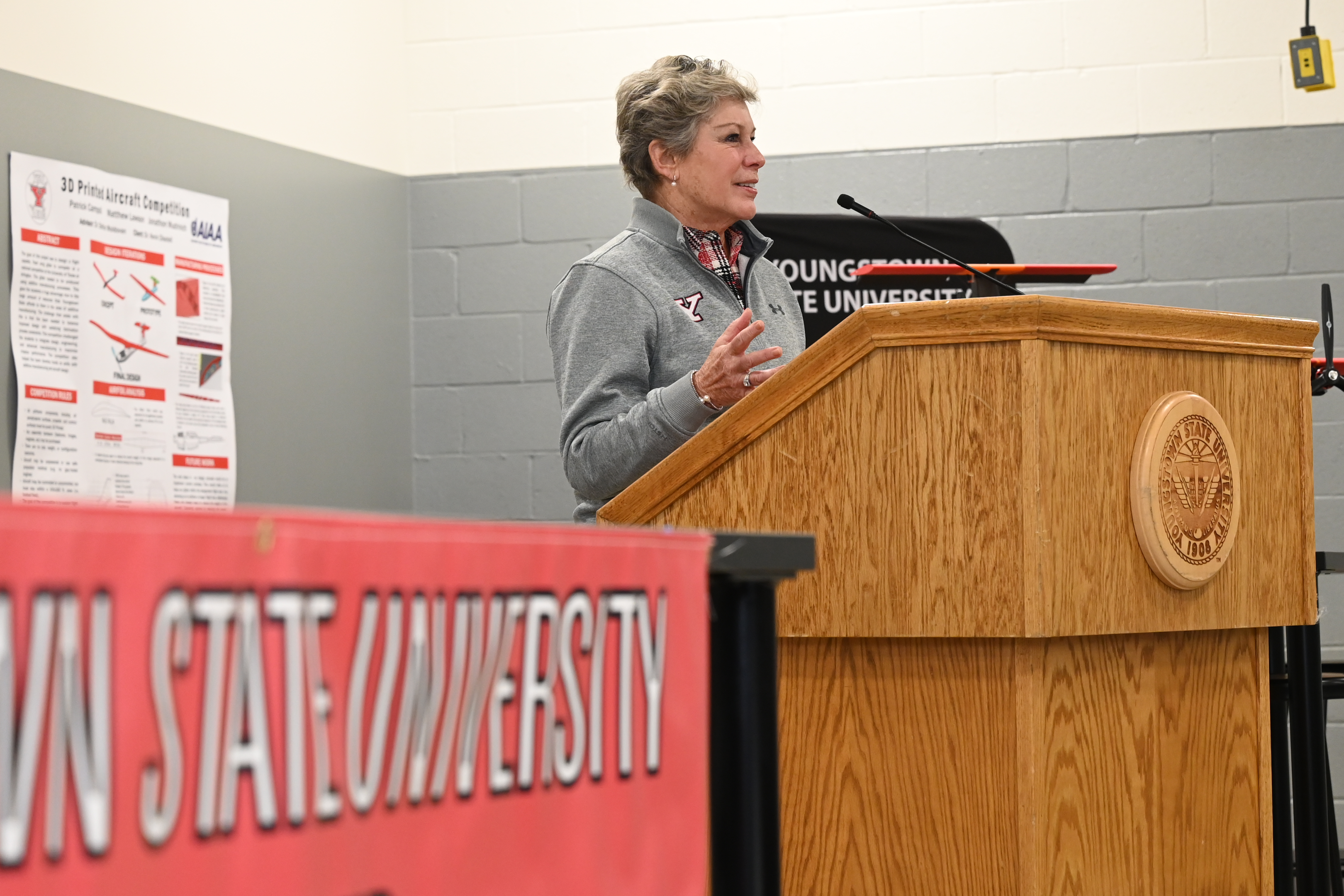 Ellen Tressel speaking to those in attendance at the Watson Team Center Dedication on campus