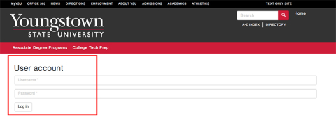 Login page showing User Account area with separate boxes for username and password along with Login button