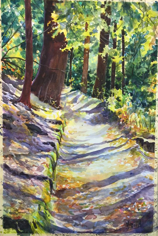 A painting of a trail in the woods with the trees hanging low
