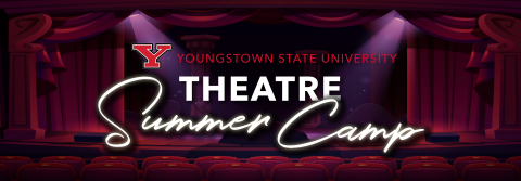 a dim theatre stage with red seats and YSU theatre summer camp text over it