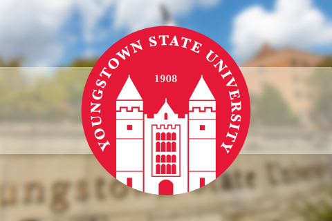 Badge Logo: Youngstown State University 1908 with a Jones Hall icon