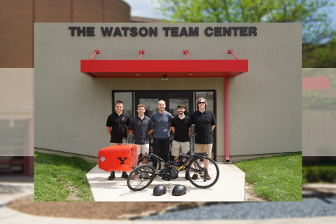 Nick Johnson, Dylan Felleti, Jackson Johnson, Quinten Hamey and Stefan Moldovan, assistant professor, Mechanical Engineering