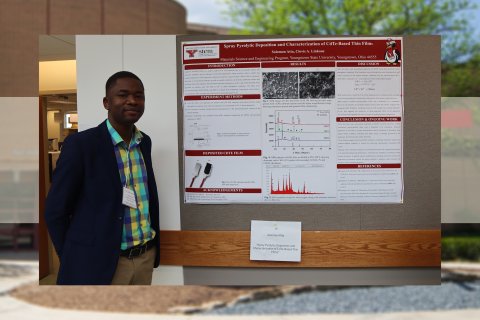 Solomon Atta poses with his research poster at the Society for the Applied Spectroscopy conference