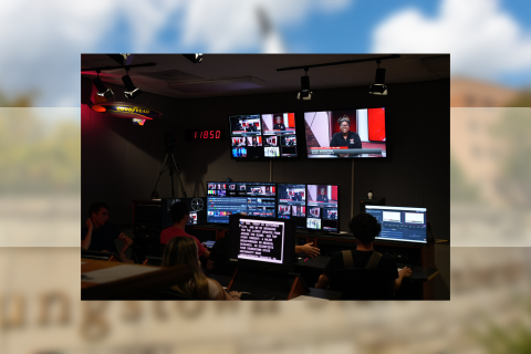 Students working in the control room of the TV Production studio