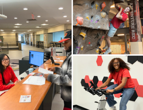 Campus Rec student staff at the desk, on a spin bike, climbing the wall.