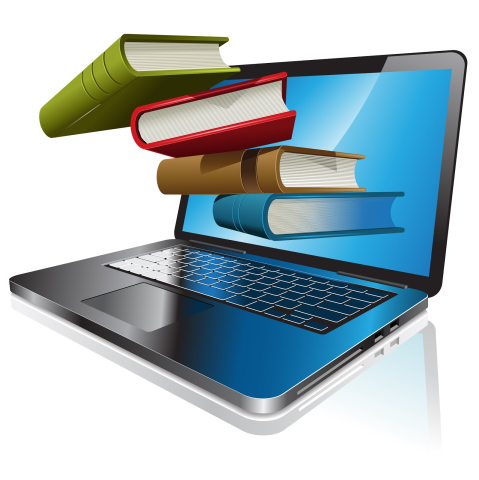 Books coming out of laptop computer screen.