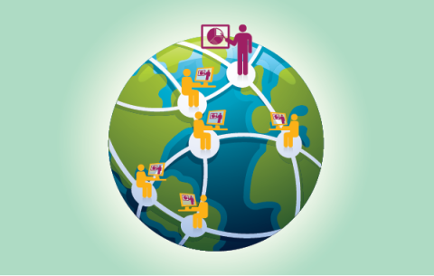 Five students at desks located around a globe all connected to an instructor.
