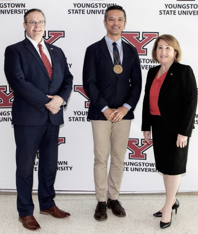 Provost Brien Smith, Betty Jo Licata with Ou Hu