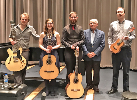From the left are YSU graduates Nicholas Frank, Angela Buzzacco and Shaun McCune, with retired YSU Professor Pietro Pascale and Francois Fowler, YSU professor of Guitar