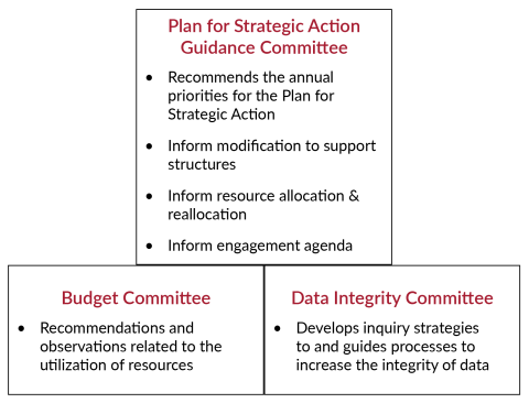 A sample illustration of how implementing the Plan for Strategic Actions to Take Charge of Our Future might be functionally achieved. The structure adopted to implement the Plan for Strategic Actions will be developed and evaluated in 2020-21 for endorsement as recommended by the president when Board of Trustees approves the FY22 Budget Plan.