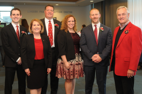 (L-R) Michael Metzinger, CPA, senior manager, HBK CPAs & Consultants, Outstanding Recent Alumnus; Betty Jo Licata, PhD, Dean; David Coy, president/general manager, WKBN/WYFX-TV and WYTV/MyYTV, Outstanding Business Alumnus; Lisa Metzinger, CPA, partner, Cohen & Company, Outstanding MBA Alumna; Todd Finn, CFA, assistant vice president, Farmers Trust Company, Outstanding Recent Alumnus are congratulated by President James Tressel at the 24th Annual Williamson College of Business Administration Banquet held Oct. 11.