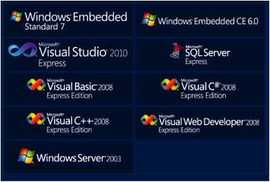 Windows Embedded Standard, Windows Embedded CE 6.0, Microsoft Visual Studio 2010 Express, Microsoft Visual Basic 2008 Express Edition, Microsoft Visual C# 2008 Express Edition, Microsoft Visual C++ 2008 Express Edition, Microsoft Visual Web Developer 2008 Express Edition, Windows Server 2003