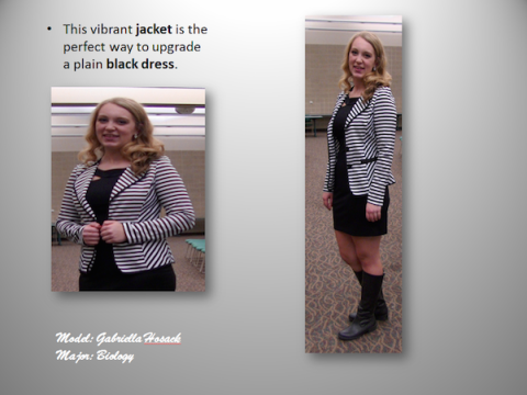 This vibrant jacket perfect way to upgrade a plain black dress.Model-Gabriella Hosack, Major-Biology