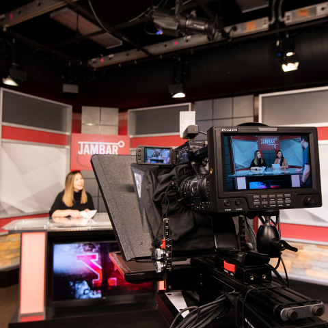A view of the Jambar TV set through the viewfinder of a camera