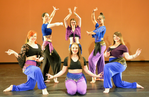Among the students performing in the YSU Dance Ensemble are, back row standing, Erica Mitchell, Christina Fonner and Rachel Davis; and front row:Jillian Billeck, Alana Lesnansky and Hailey Gelzheiser.