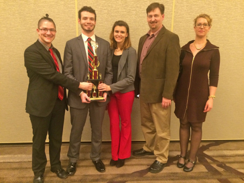 The YSU Ethics Bowl team, from the left, Tyler Miller Gordon, Jacob Shriner-Briggs and Lindsay Heldreth, placed second in the nation in the recent Intercollegiate Ethics Bowl in Virginia. Also pictured are the team
