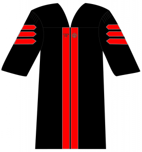 Black Gown with Red Velvet Trim and Silver Piping: University Seal on Left Velvet Panel, Block Y on Right Velvet Panel.
