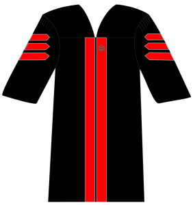 Black Gown with Red Velvet Trim and Silver Piping: University Seal on Left Velvet Panel, Nothing on Right Velvet Panel.