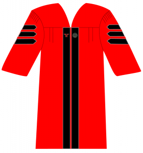 Red Gown with Black Velvet Trim and Silver Piping: University Seal on Left Velvet Panel, Block Y on Right Velvet Panel.