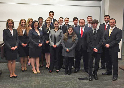 Members of the 2015-16 YSU Moot Court team are Jillian Smith, , Kelly Matanin, Marissa Snyder, Antonette Scharsu, Sadie Fields , Greta Frost, Michael Marshall, , Miranda Parke, Joseph Ohlin, Angelina Sortini, Matthew McCormick,, Andrik Massaro, Jacob Schriner-Briggs, , Eric Glasgow, Brian Duricy, David Helmick, Evangelos Sisalouis, Matthew Stevens. Not pictured, Jenette Morell. 