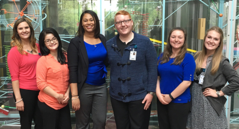 From the left, Jamie Apa, Grace Thayer, Jasmine Harrison, Kyle Marshall, Marsha Drabenstadt and Sandra Sterchi, in the main lobby of Akron Children’s Hospital.