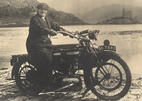 The nurse on the motorcycle is a rural visiting nurse Elizabeth McPhee from Scotland in 1926.