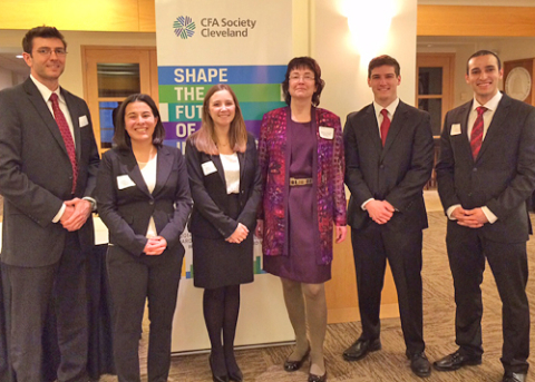 YSU students, from the left, Nicholas Conti, Samantha Anderson, Kayla Cerimele, Conner Kesner, and Simon Rafidi, placed third in the recent Chartered Financial Analyst Research Challenge in Cleveland. Assisting the team was Fran Wolf, professor of Accounting and Finance.