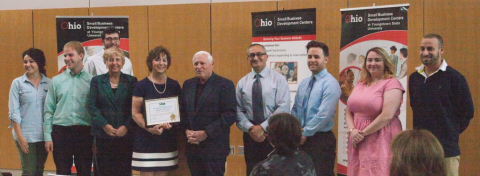From the left are Taylor Garland, SBDC graduate assistant; James Garvin, Beeghly intern; Nicholas Conti, Beeghly intern; Christine Oliver, business consultant; Patricia Veisz, YSU SBDC director; Gill Goldberg, SBA district director; Mousa Kassis, YSU trade advisor; Jason Heyman, business consutltant; Crystal Thomas, adminstrative assistant; and Fadi El Chammas, Beeghly intern.