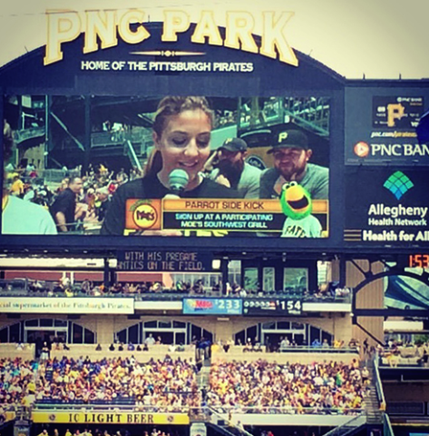 YSU student Lauren Minenok on the jumbo scoreboard in left field at PNC Park.