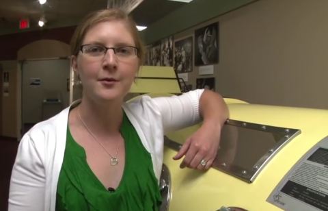 Cassie Nespor, curator of the Melnick Medical Museum at YSU, with the Iron Lung in the video.