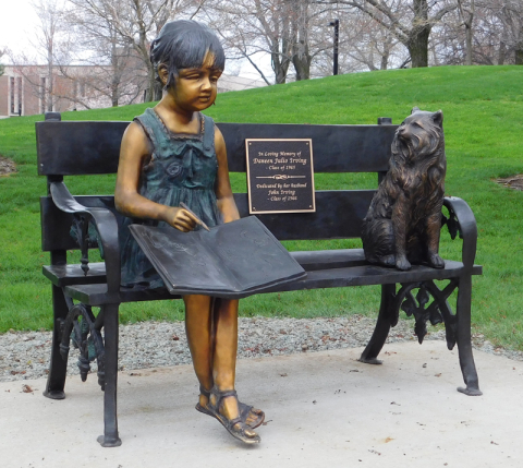 “Girl on Bench Reading with Cat,” located near Tod Hall. 