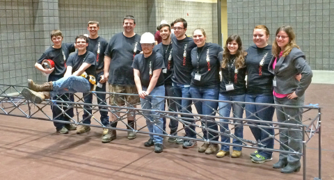 Members of the YSU Steel Bridge team are, left to right, Nico Pagley, David Mendenhall, Tommy Carnes, Harold (BJ) Winner, Kenny Anderson, Nico Lucarelli, Jake Millerleile, Leah McConnell, Miranda DeFuria, Taylor Simcox and Karen Schilling.