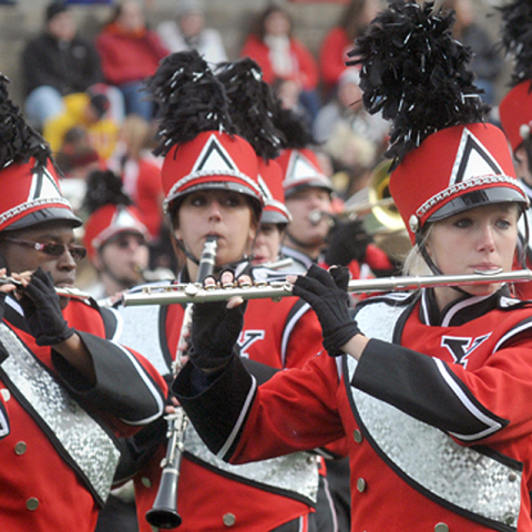 YSU Marching Pride marching and playing.
