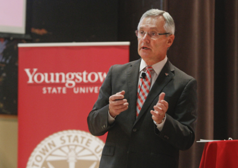 YSU President Jim Tressel giving a speech 