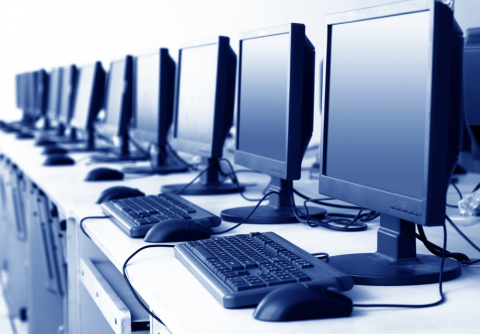 Row of computer monitors