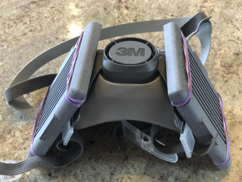 A 3M respirator mask equipped with the 3D-printed filter cartridges designed by YSU faculty.