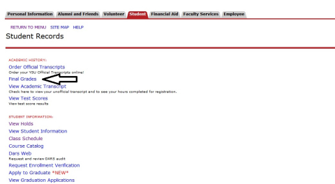 Student Records page showing Final Grades link