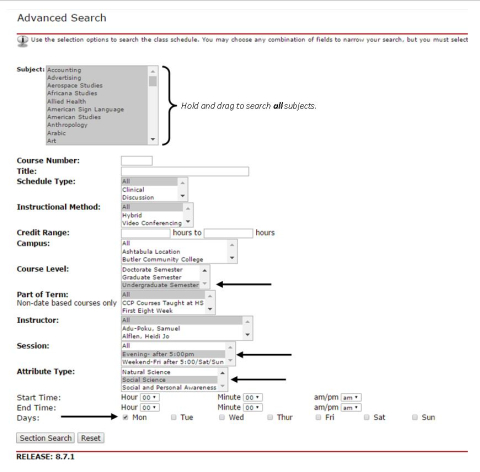 Advanced search allows combining different options