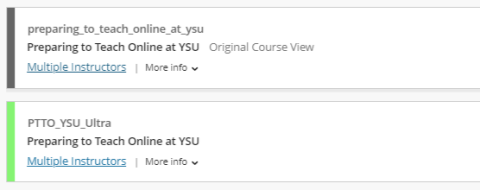 Two blackboard courses listed on the course page, one showing the "original course view" label