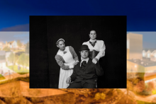 Black and white publicity photo of cast members in costume